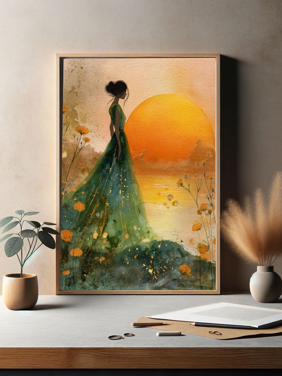 Sunset Woman Watercolor Print. — room view 2