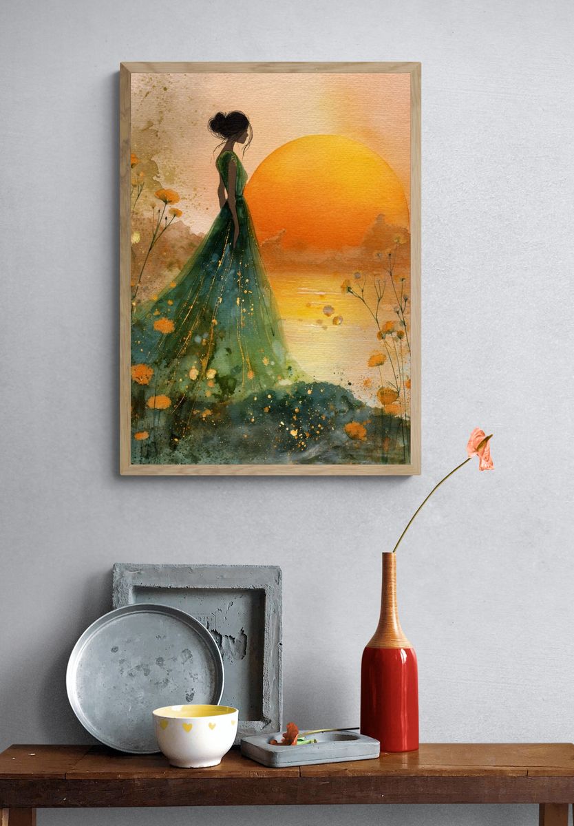 Sunset Woman Watercolor Print. — room view 3