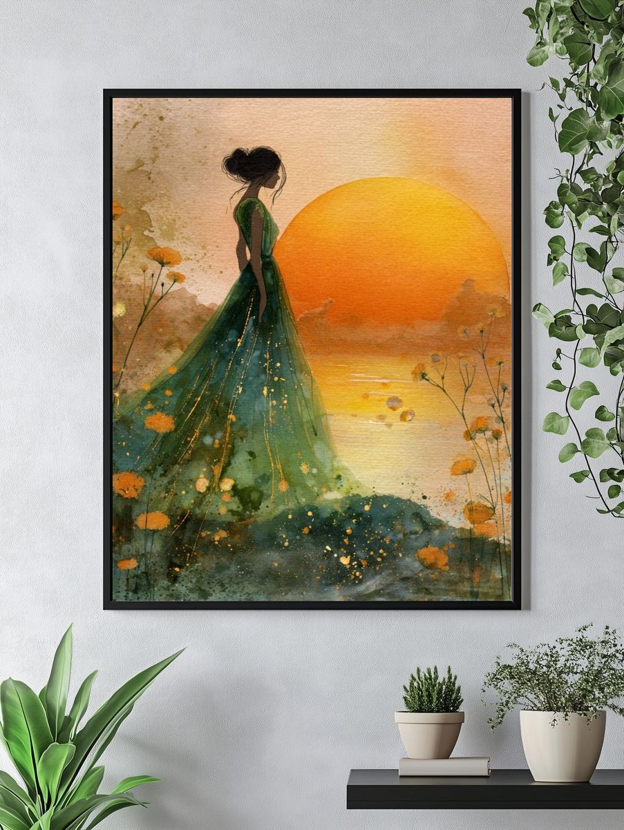 Sunset Woman Watercolor Print. — room view 4