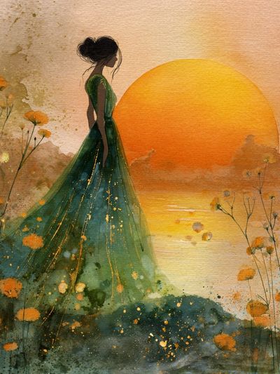 Sunset Woman Watercolor Print. poster print