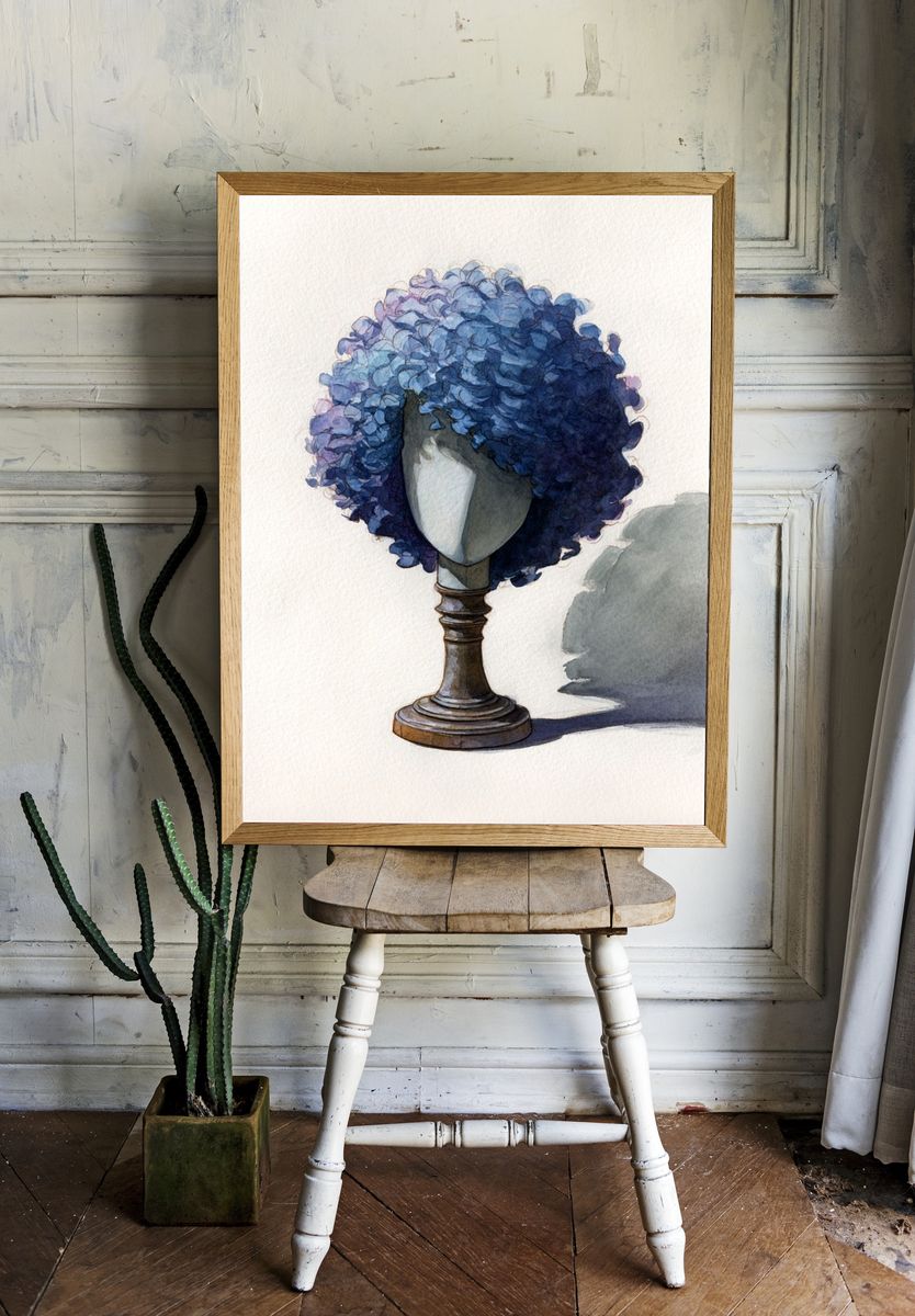 Blue Curly Wig Watercolor Print. — room view 1