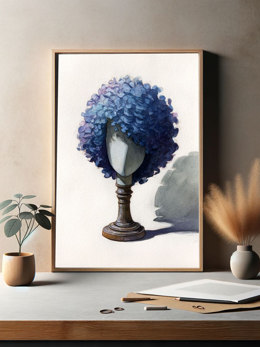 Blue Curly Wig Watercolor Print. — room view 2