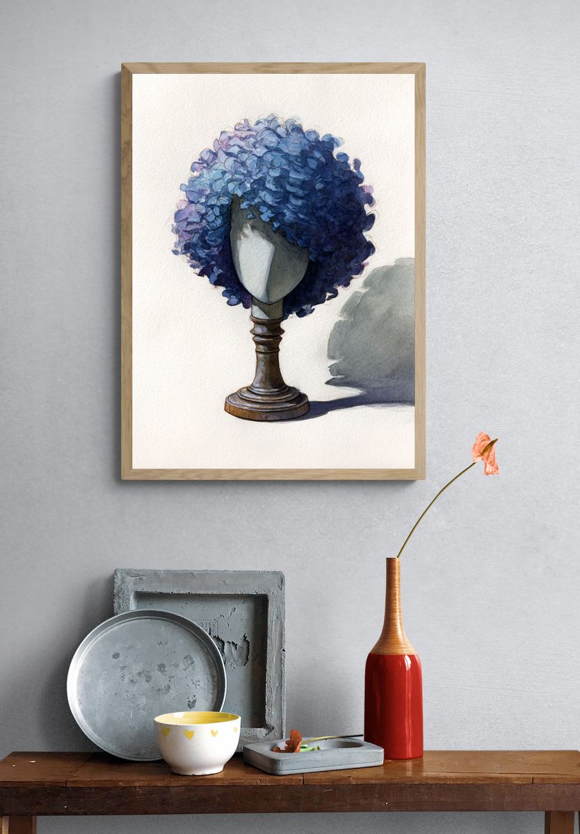 Blue Curly Wig Watercolor Print. — room view 3