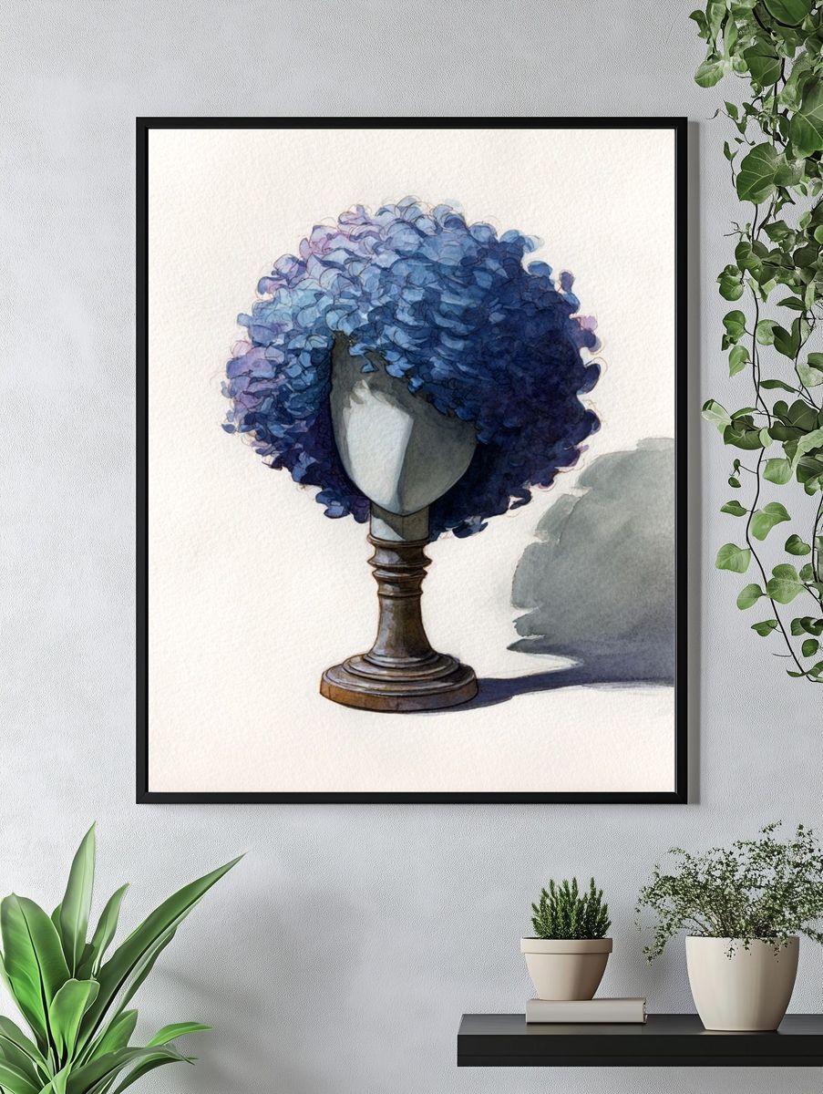 Blue Curly Wig Watercolor Print. — room view 4