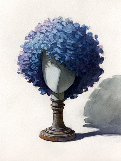 Blue Curly Wig Watercolor Print. poster