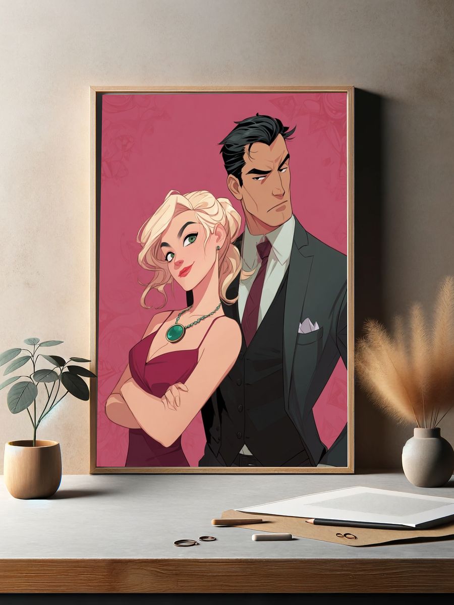 Stylish Couple Portrait Illustration Print. — room view 2
