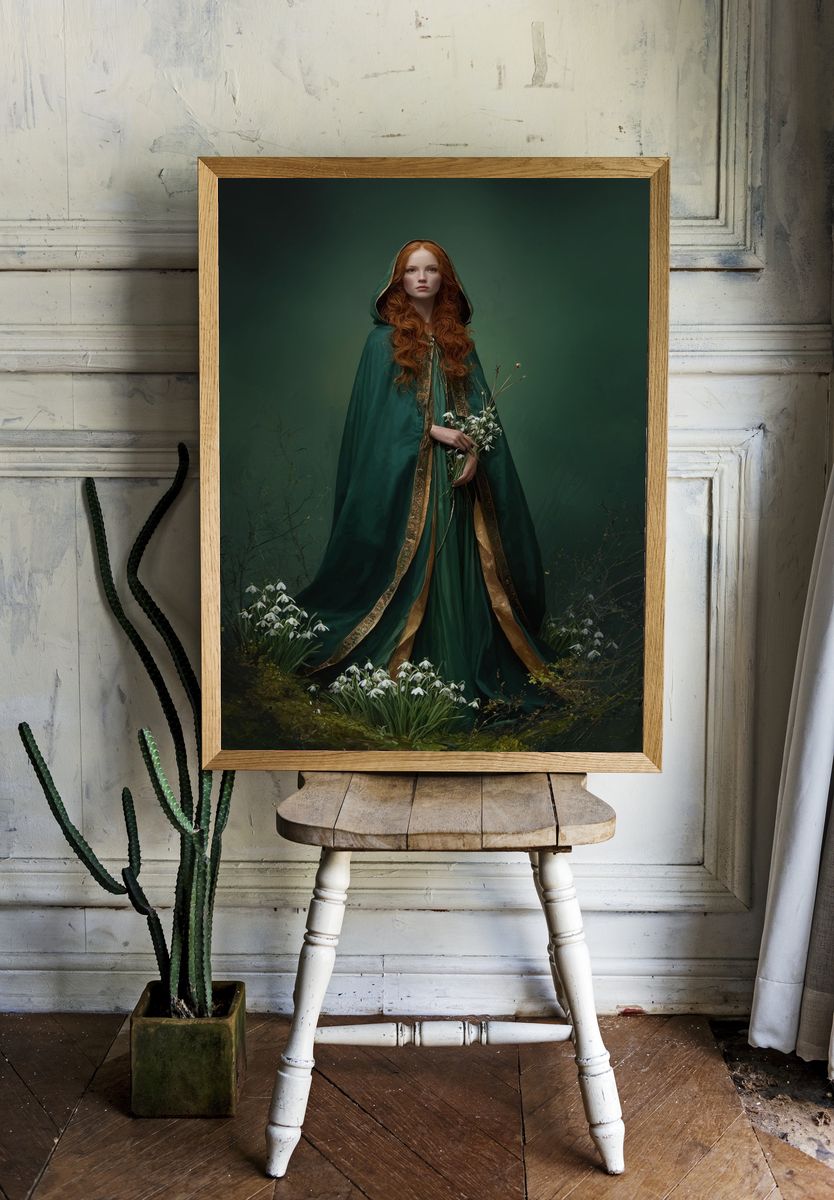 Green Cloaked Woman Illustration Poster. — room view 1