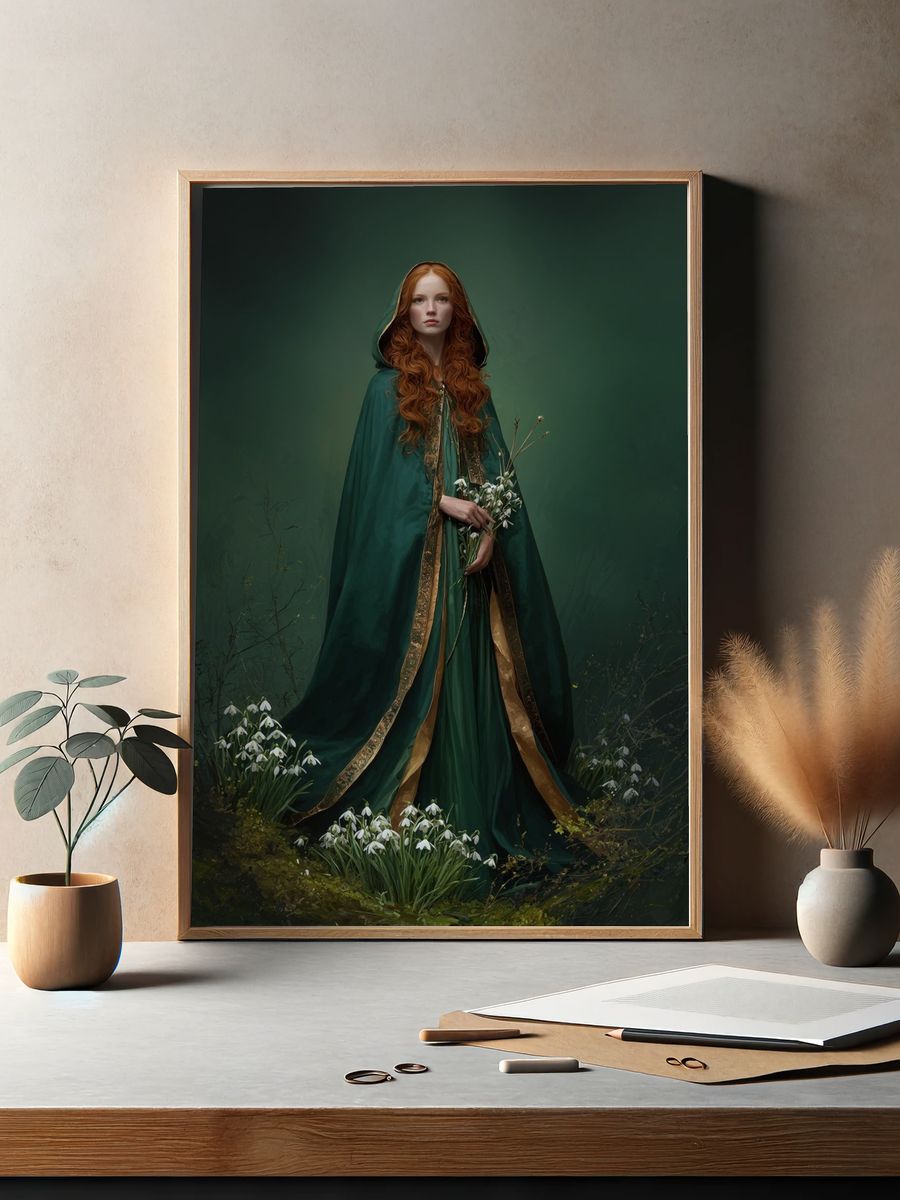 Green Cloaked Woman Illustration Poster. — room view 2
