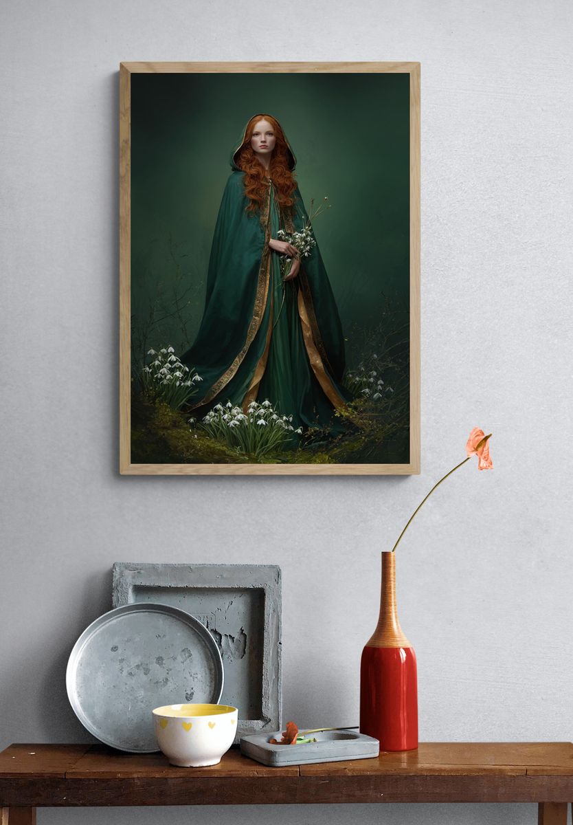 Green Cloaked Woman Illustration Poster. — room view 3