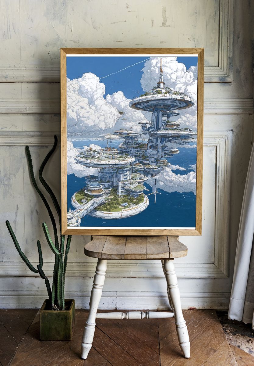 Floating Sky City Sci-Fi Illustration Poster. — room view 1