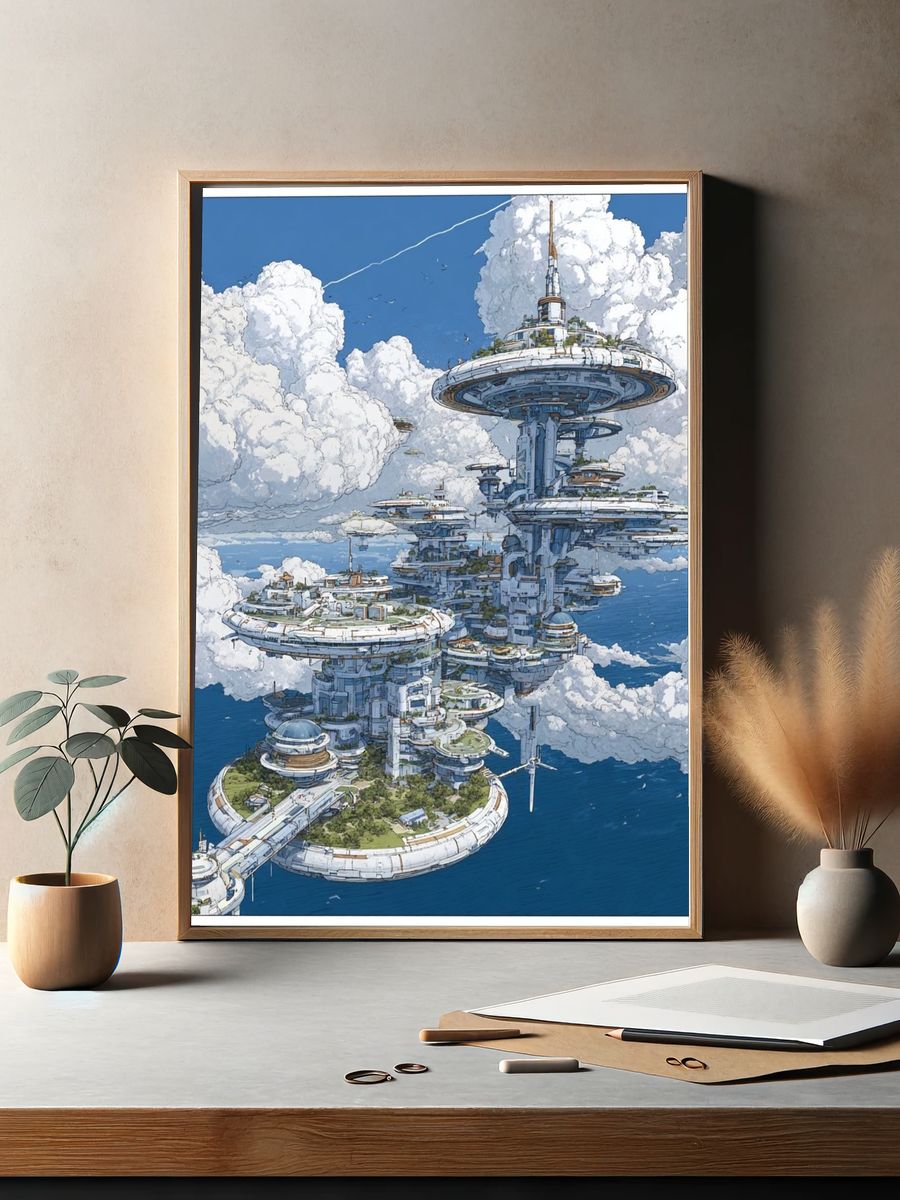 Floating Sky City Sci-Fi Illustration Poster. — room view 2