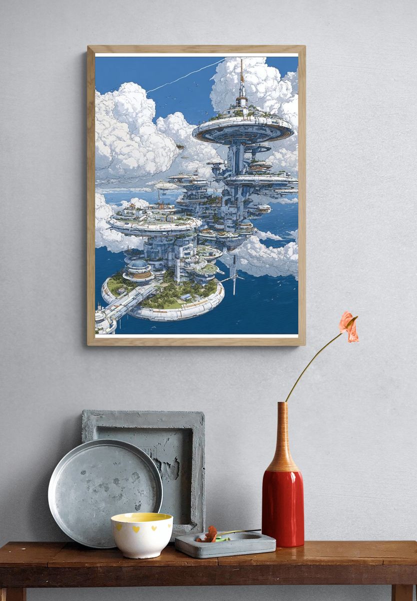 Floating Sky City Sci-Fi Illustration Poster. — room view 3