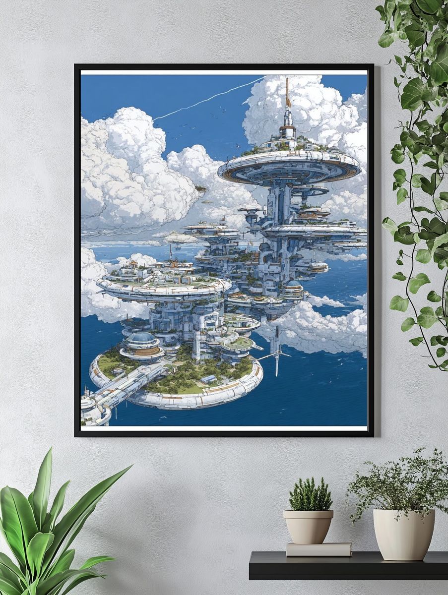 Floating Sky City Sci-Fi Illustration Poster. — room view 4