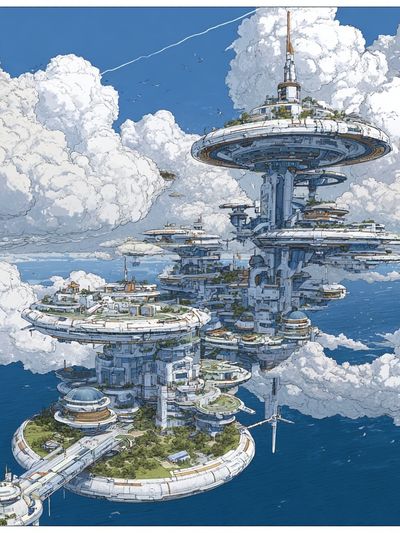 Floating Sky City Sci-Fi Illustration Poster. poster