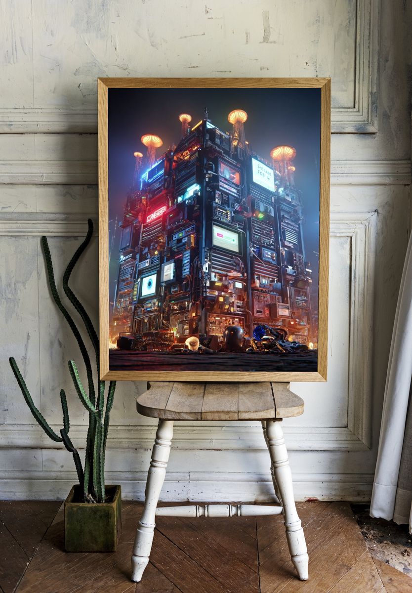 Neon Cyberpunk Tower Print. — room view 1