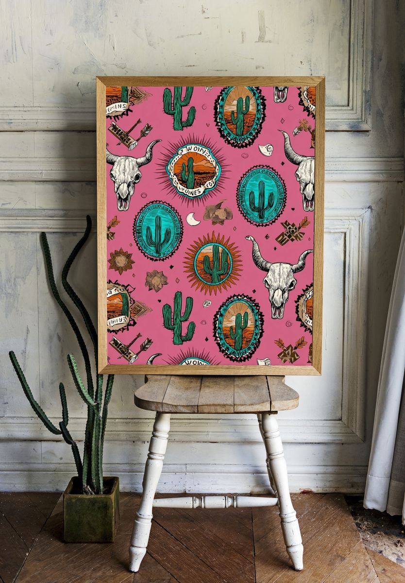 Desert Cactus Skull Pattern Print. — room view 1