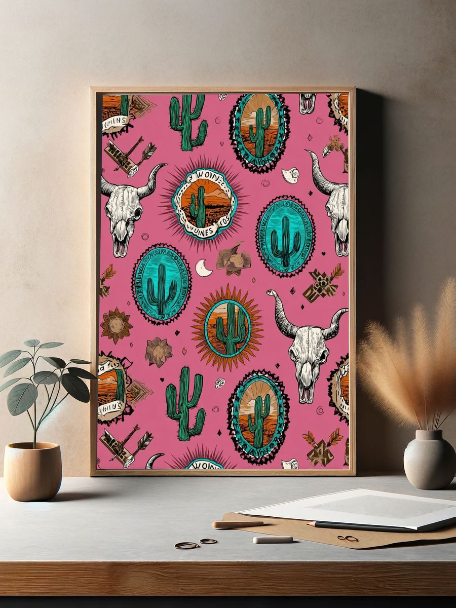 Desert Cactus Skull Pattern Print. — room view 2