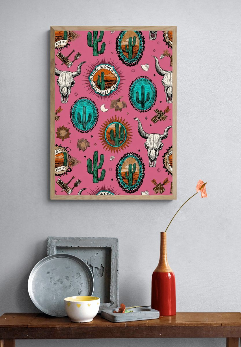 Desert Cactus Skull Pattern Print. — room view 3