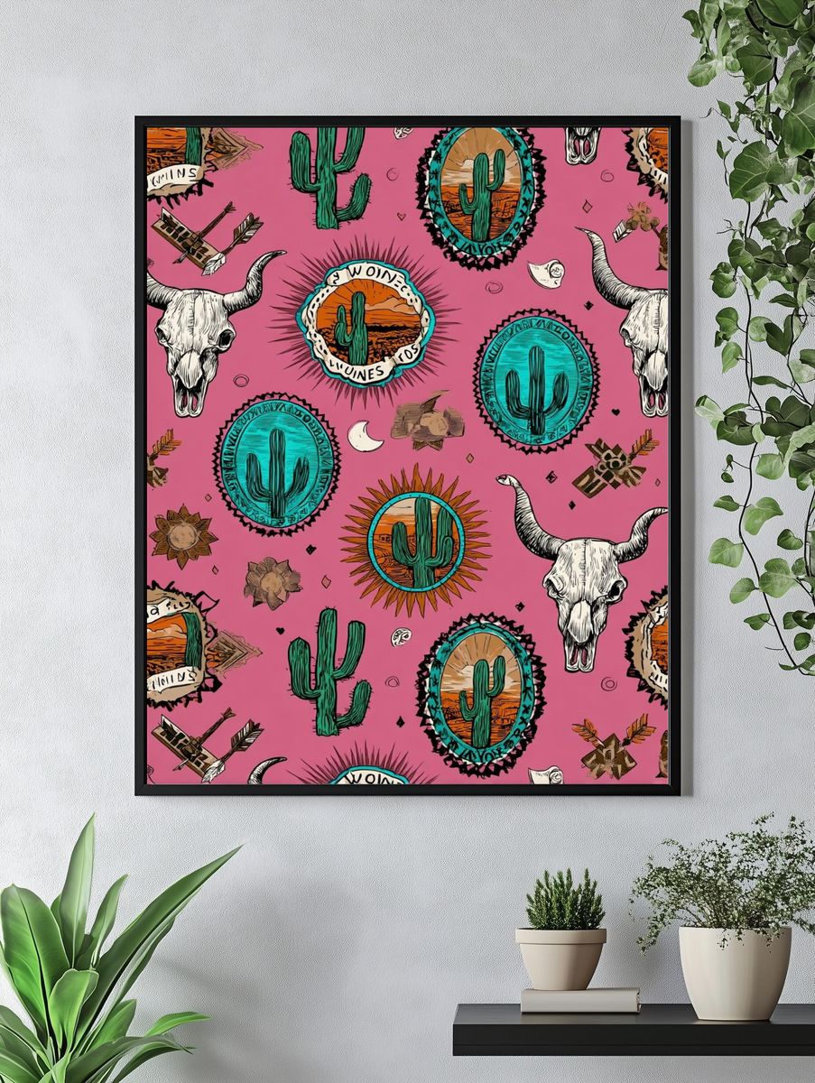 Desert Cactus Skull Pattern Print. — room view 4