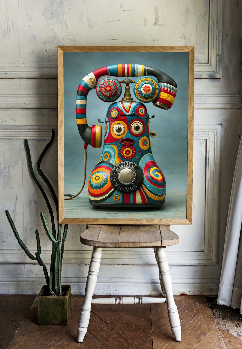 Colorful Retro Telephone Illustration Poster. — room view 1