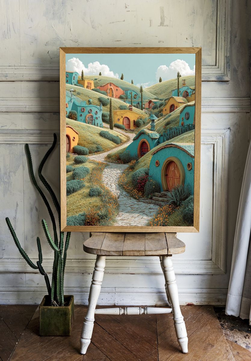 Whimsical Hillside Village Poster. — room view 1