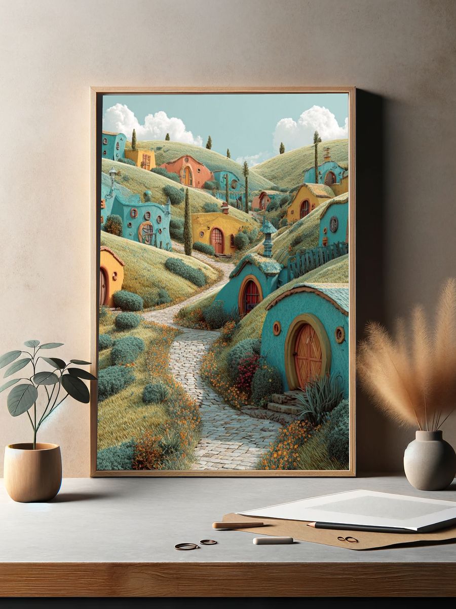 Whimsical Hillside Village Poster. — room view 2