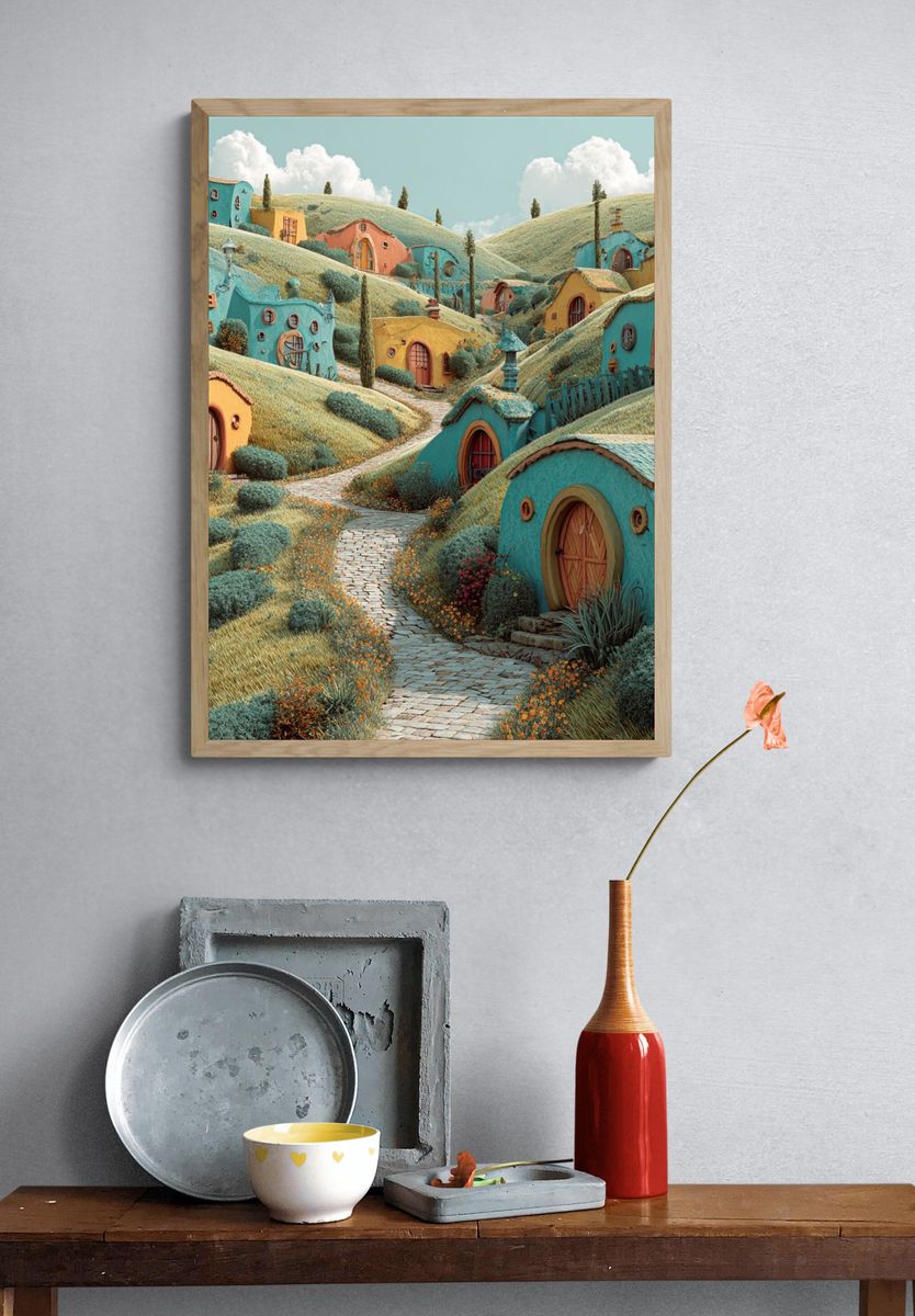 Whimsical Hillside Village Poster. — room view 3