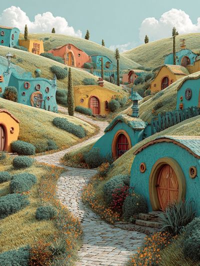 Whimsical Hillside Village Poster. poster print