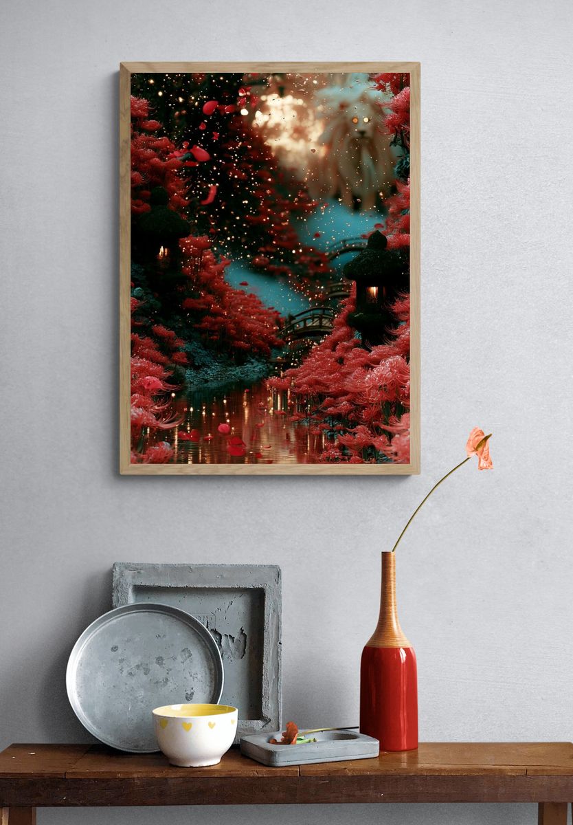 Crimson Blossom Garden Print. — room view 3