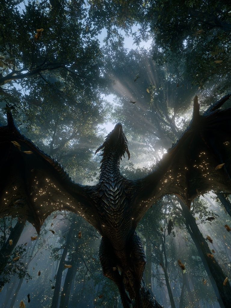 Dragon in Misty Forest Illustration Poster. poster — illustration art