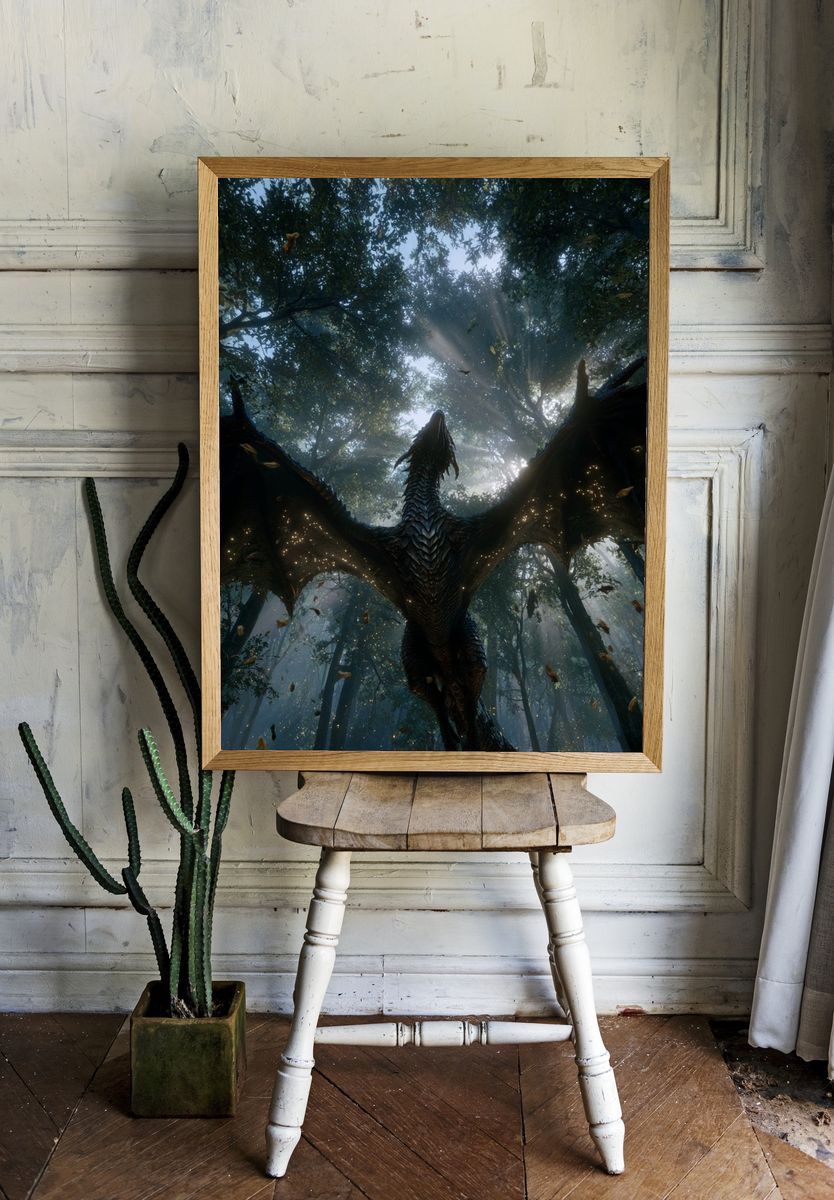 Dragon in Misty Forest Illustration Poster. — room view 1
