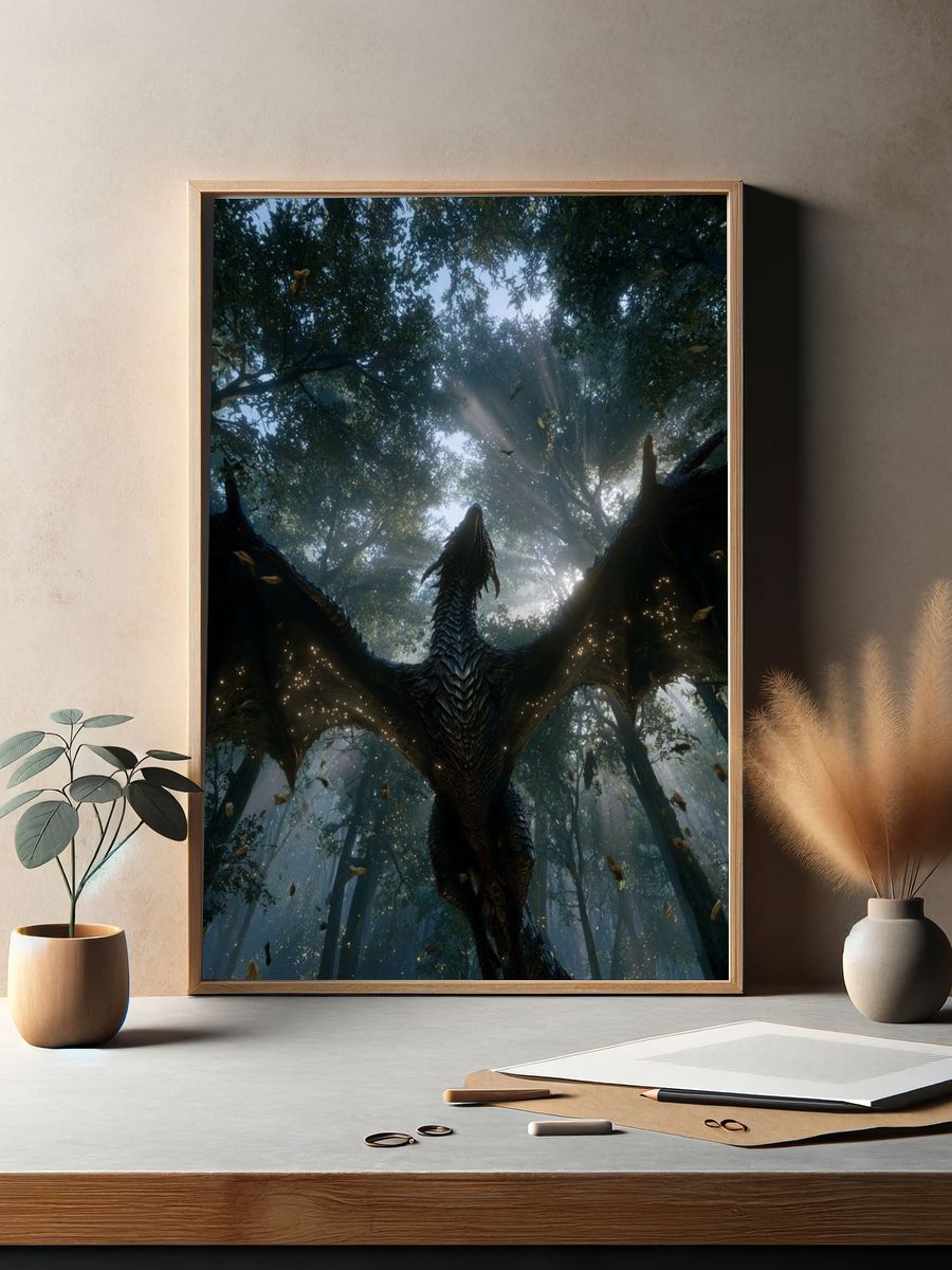 Dragon in Misty Forest Illustration Poster. — room view 2
