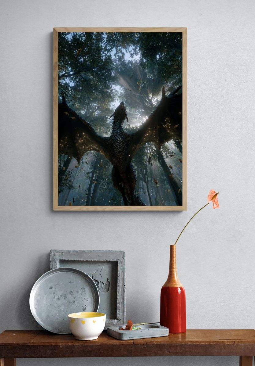 Dragon in Misty Forest Illustration Poster. — room view 3