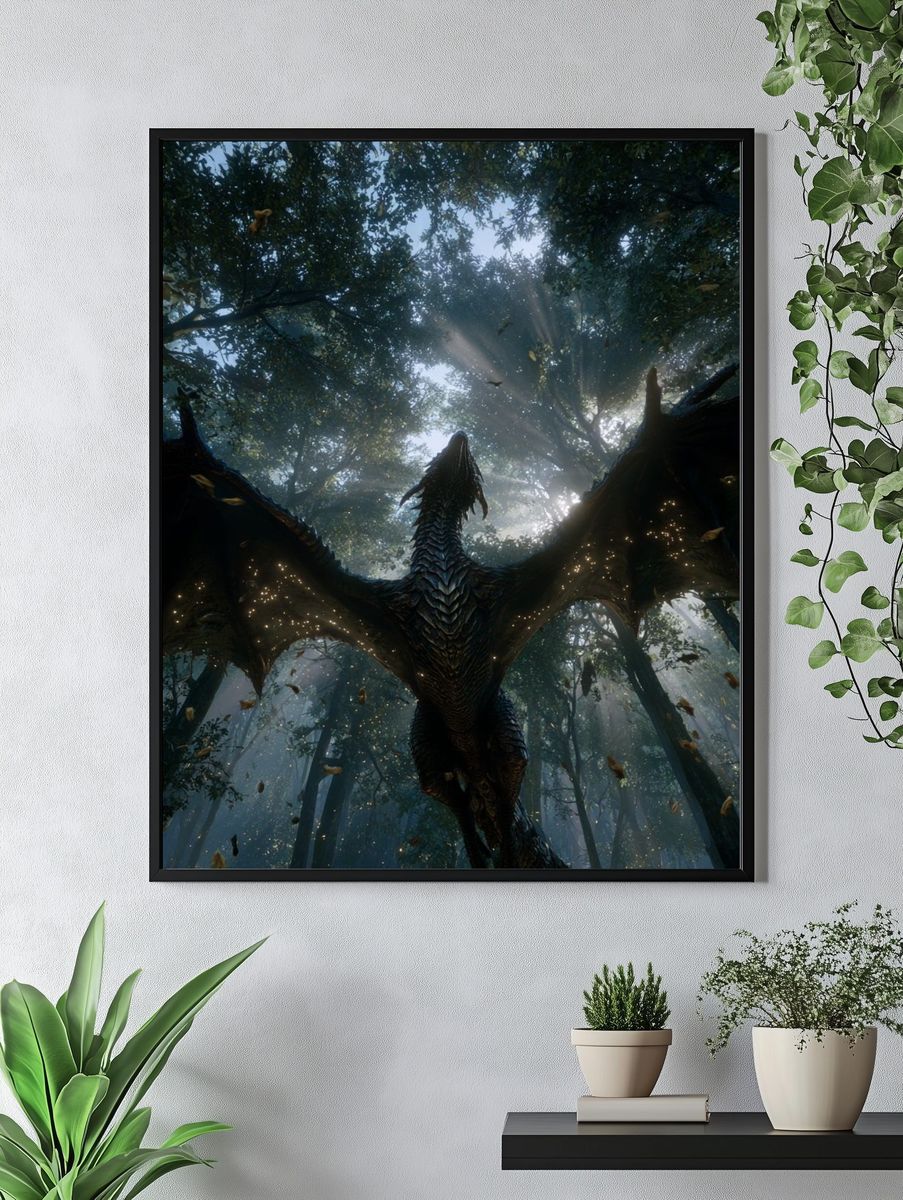 Dragon in Misty Forest Illustration Poster. — room view 4