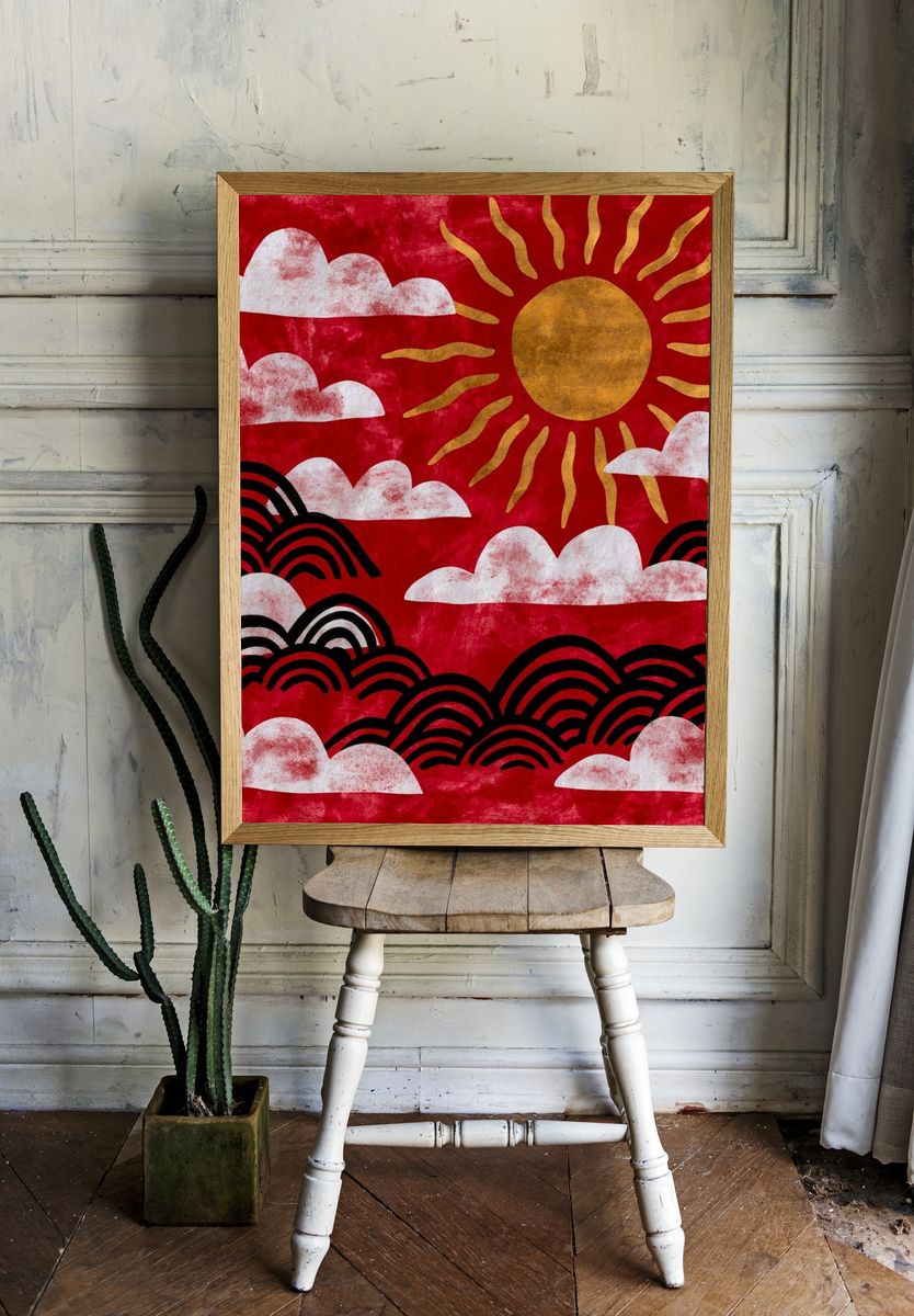 Red Sun and Clouds Illustration Poster. — room view 1