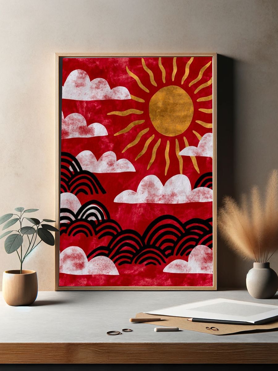 Red Sun and Clouds Illustration Poster. — room view 2