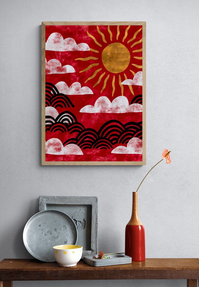 Red Sun and Clouds Illustration Poster. — room view 3