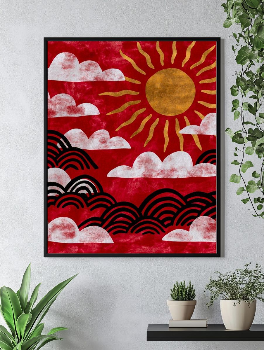 Red Sun and Clouds Illustration Poster. — room view 4
