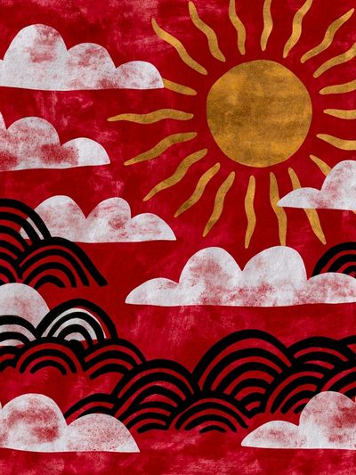 Red Sun and Clouds Illustration Poster. poster print