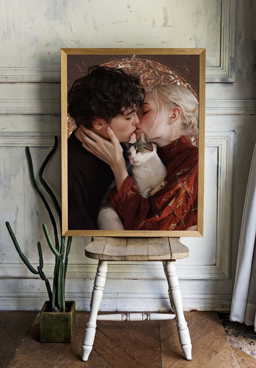 Romantic Kiss with Cat Illustration Poster. — room view 1