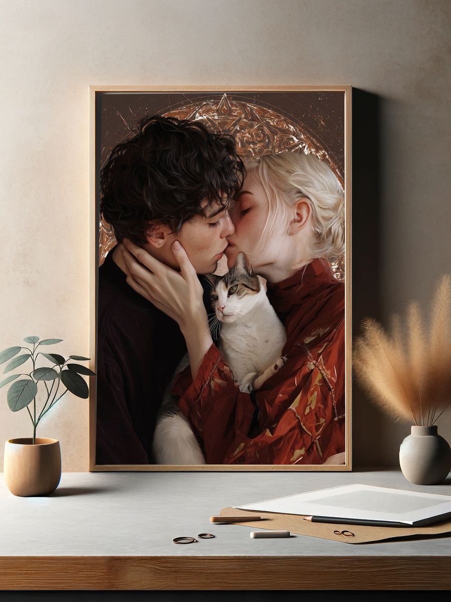 Romantic Kiss with Cat Illustration Poster. — room view 2