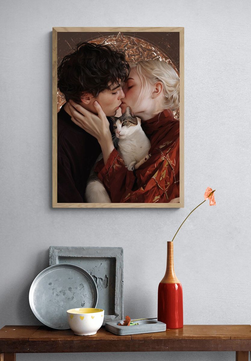 Romantic Kiss with Cat Illustration Poster. — room view 3