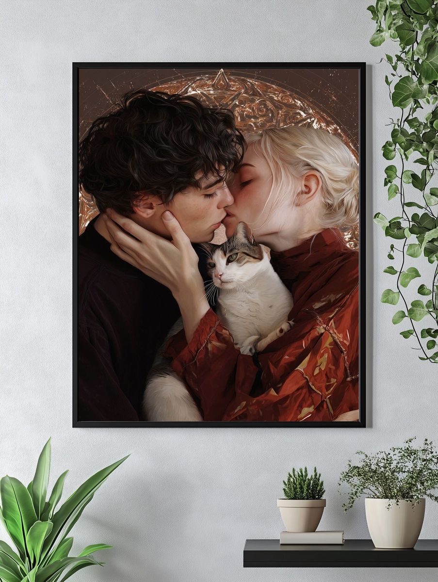 Romantic Kiss with Cat Illustration Poster. — room view 4