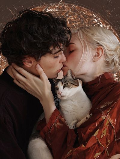 Romantic Kiss with Cat Illustration Poster. poster print