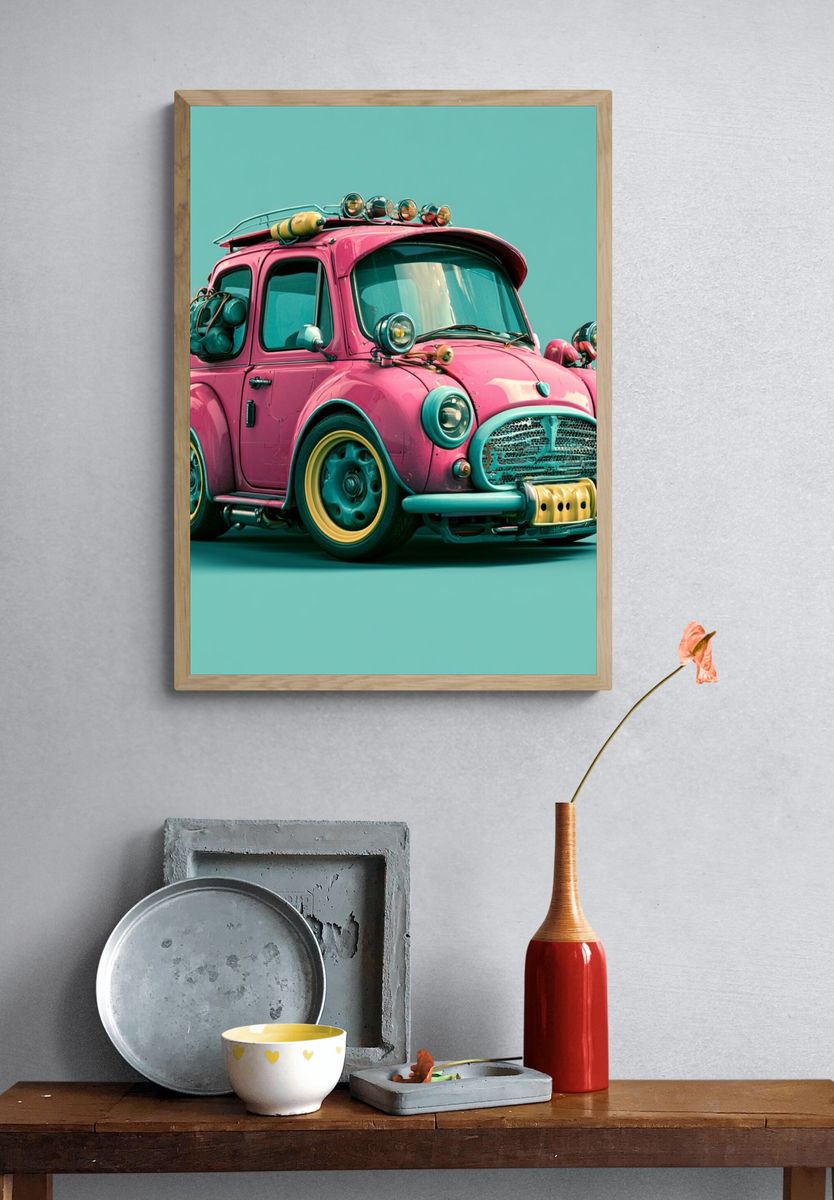 Retro Pink Mini Car Poster. — room view 3