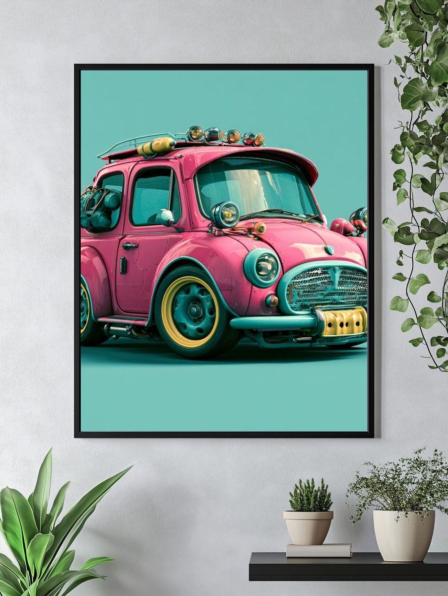 Retro Pink Mini Car Poster. — room view 4