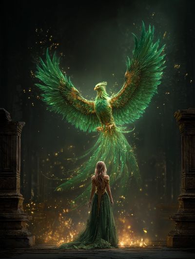 Emerald Phoenix Fantasy Print. poster