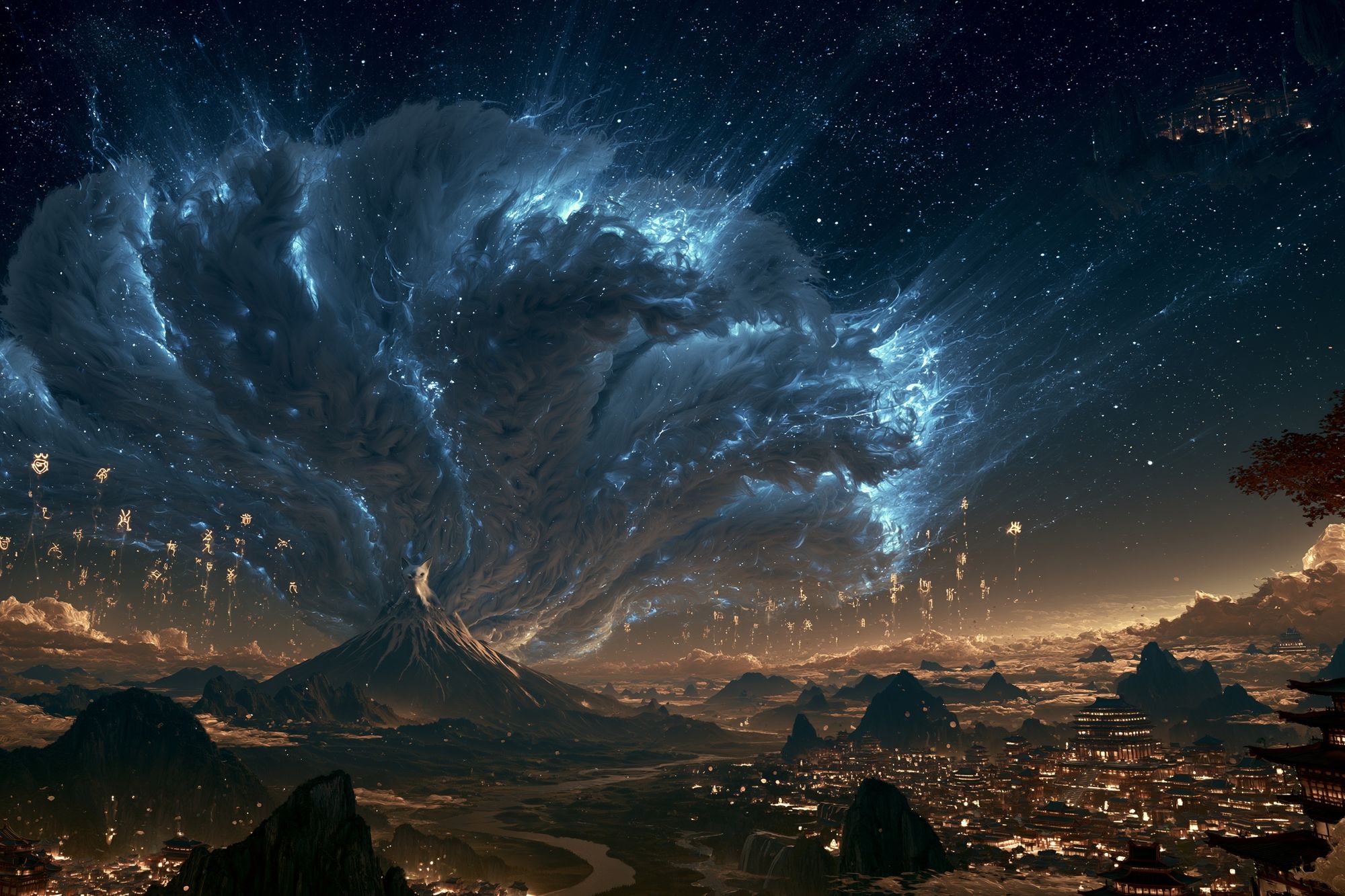 Celestial Mountain Storm Fantasy Print. poster — illustration art