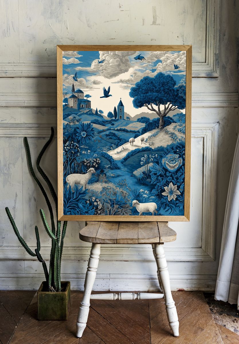 Blue Countryside Landscape Print. — room view 1