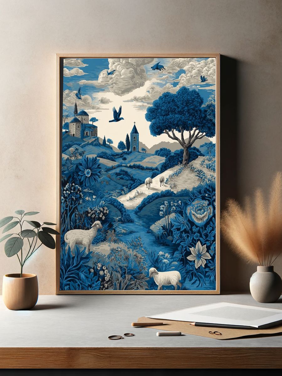 Blue Countryside Landscape Print. — room view 2